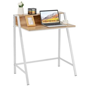 tangkula small computer desk, compact home office desk with sturdy frame, 2 tier study writing table for small place apartment office, desk for bedroom, kid’s desk