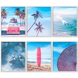 aesthetic california beach ocean surf posters for home - 8x10 inches unframed set of 6 wall art – pink retro watercolor prints pictures decor decorations gifts for living room, home decorations by print'n'art