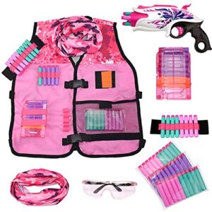 girls pink tactical vest set with gun for nerf rebelle and n-strike elite series with 30 refill darts, quick reload clip, wrist ammo holder, safety glasses, and tube mask