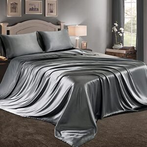 rudong m 3 piece dark grey satin sheets twin size satin bed sheets set silky satin sheet with 1 deep pocket fitted sheet+1 flat sheet+1 pillowcase