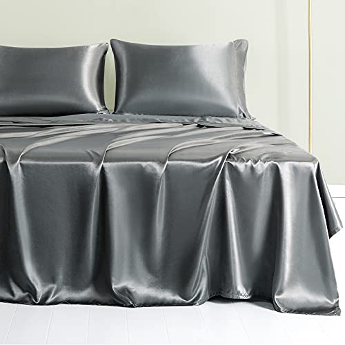 RUDONG M 3 Piece Dark Grey Satin Sheets Twin Size Satin Bed Sheets Set Silky Satin Sheet with 1 Deep Pocket Fitted Sheet+1 Flat Sheet+1 Pillowcase