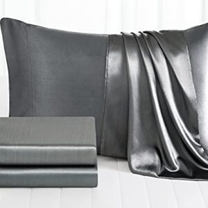 RUDONG M 3 Piece Dark Grey Satin Sheets Twin Size Satin Bed Sheets Set Silky Satin Sheet with 1 Deep Pocket Fitted Sheet+1 Flat Sheet+1 Pillowcase