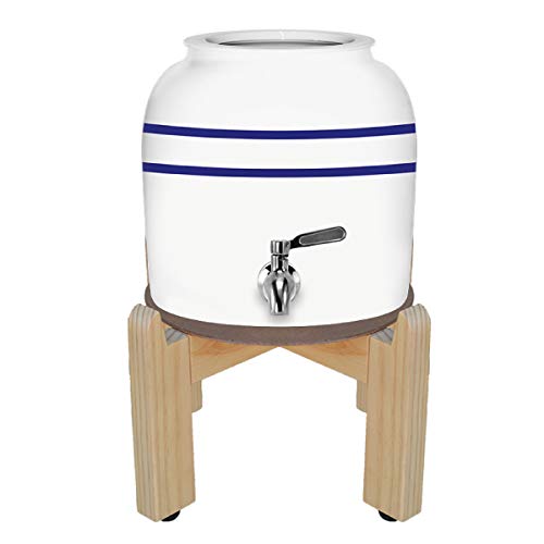 Geo Sports Porcelain Ceramic Crock Water Dispenser, 8 Inch Wood Stand, Stainless Steel Faucet, Valve and Lid Included. Fits 3 to 5 Gallon Jugs. BPA & Lead Free (Blue Stripe)