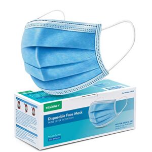 tenergy triple-layer filtration disposable face masks with nose clip and ear loops, 50 pack blue masks