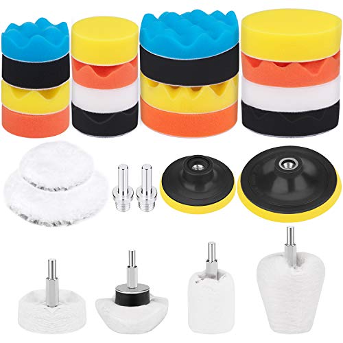 Awpeye 26PCS Buffing and Polishing Pads Kit 3Inch & 5Inch with Buffing Wheel for Drill Foam Polisher Pad for Car Waxing, 1/4 Inches Hex Shafts White Flannelette Polishing Wheel