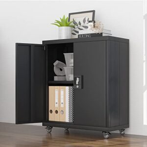 greatmeet metal storage cabinet with locking doors and 1 adjustable shelves,gauge 24 steel storage cabinet with wheels for home office,black(26.1" w x 13.78" d x 31.5" h)