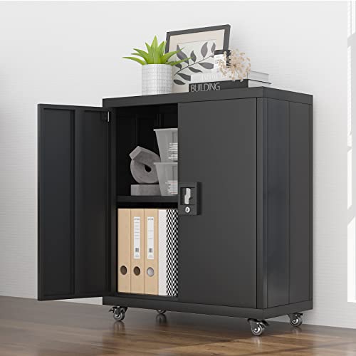 GREATMEET Metal Storage Cabinet with Locking Doors and 1 Adjustable Shelves,Gauge 24 Steel Storage Cabinet with Wheels for Home Office,Black(26.1" W x 13.78" D x 31.5" H)