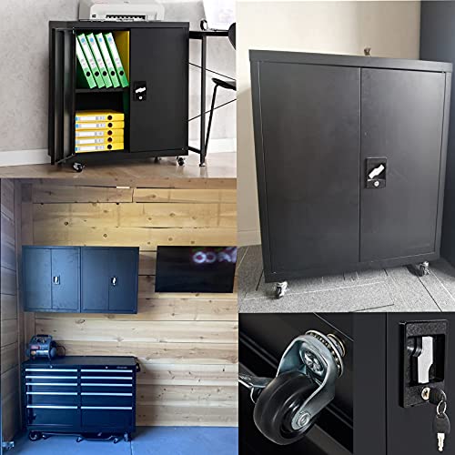 GREATMEET Metal Storage Cabinet with Locking Doors and 1 Adjustable Shelves,Gauge 24 Steel Storage Cabinet with Wheels for Home Office,Black(26.1" W x 13.78" D x 31.5" H)