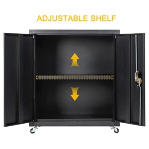 GREATMEET Metal Storage Cabinet with Locking Doors and 1 Adjustable Shelves,Gauge 24 Steel Storage Cabinet with Wheels for Home Office,Black(26.1" W x 13.78" D x 31.5" H)