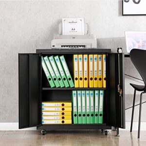 GREATMEET Metal Storage Cabinet with Locking Doors and 1 Adjustable Shelves,Gauge 24 Steel Storage Cabinet with Wheels for Home Office,Black(26.1" W x 13.78" D x 31.5" H)