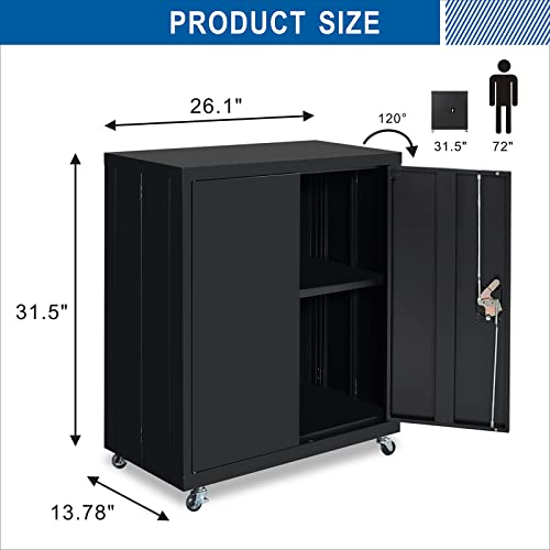 GREATMEET Metal Storage Cabinet with Locking Doors and 1 Adjustable Shelves,Gauge 24 Steel Storage Cabinet with Wheels for Home Office,Black(26.1" W x 13.78" D x 31.5" H)