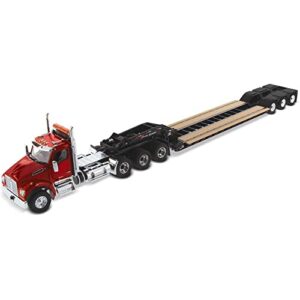 diecast masters kenworth t880 sffa tractor truck - red | day cab with xl 120 low-profile hdg trailer | outrigger style with jeep & 2 boosters | 1:50 scale model semi trucks | diecast model 71061
