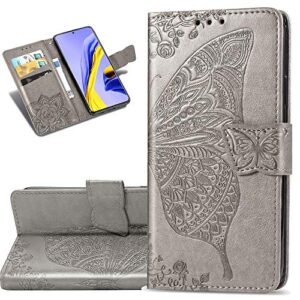 cotdinforca case for redmi note 9 pro, redmi note 9s case flip card cash leather wallet case embossed butterfly pu shockproof case cover for xiaomi redmi note 9 pro max sd flower butterfly gray