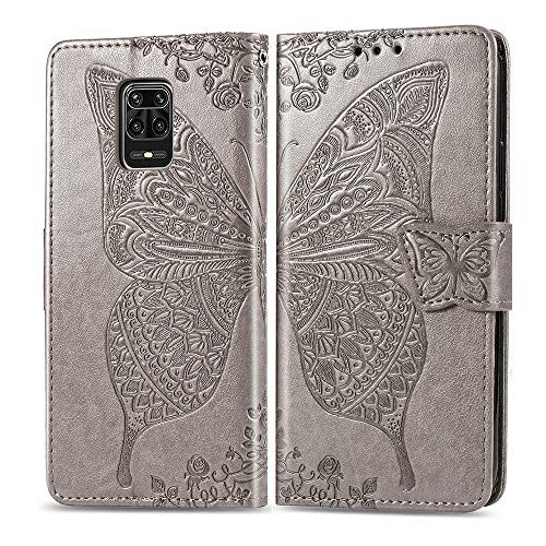 COTDINFORCA Case for Redmi Note 9 Pro, Redmi Note 9S Case Flip Card Cash Leather Wallet Case Embossed Butterfly PU Shockproof Case Cover for Xiaomi Redmi Note 9 Pro Max SD Flower Butterfly Gray