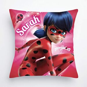 miraculous personalized throw pillow with ladybug and tikki on red removable cover, custom name printed, official licensed product, 14x14