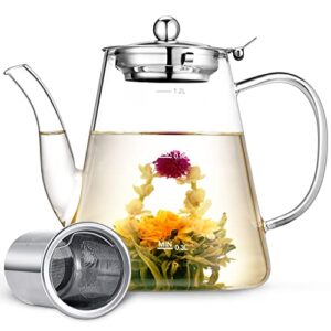 zpose 1200ml teapot with removable loose tea infuser, borosilicate glass pot with scale line, stovetop safe kettle for blooming tea, gift box for tea maker