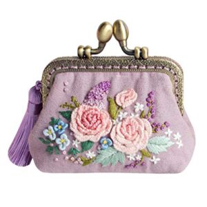 firecolor diy coin purse flowers embroidery mini retro style handmade bag cloth material package,purple