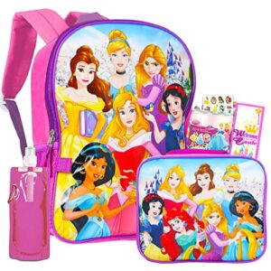 disney princess backpack with lunch box for girls bundle ~ deluxe 16" princess school bag, lunch bag, water bottle, stickers, and more (disney princess school supplies)