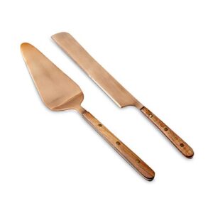 folkulture cake knife and server set, stainless steel cake cutting set for wedding, pie or patry serving set for home decorations, large 2-piece dessert set for boho gifts, rose gold