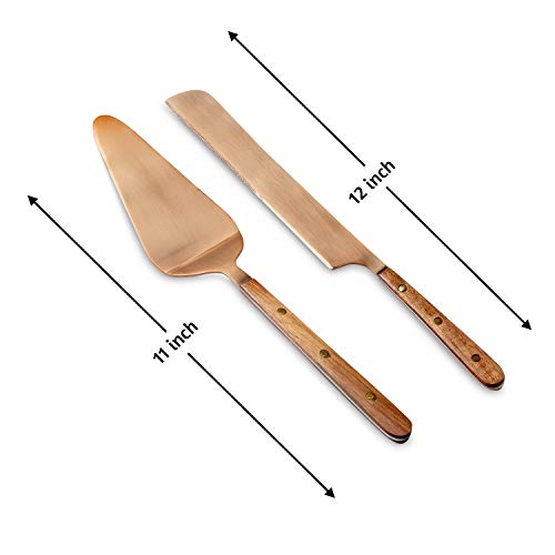 Folkulture Cake Knife and Server Set, Stainless Steel Cake Cutting Set for Wedding, Pie or Patry Serving Set for Home Decorations, Large 2-Piece Dessert Set for Boho Gifts, Rose Gold