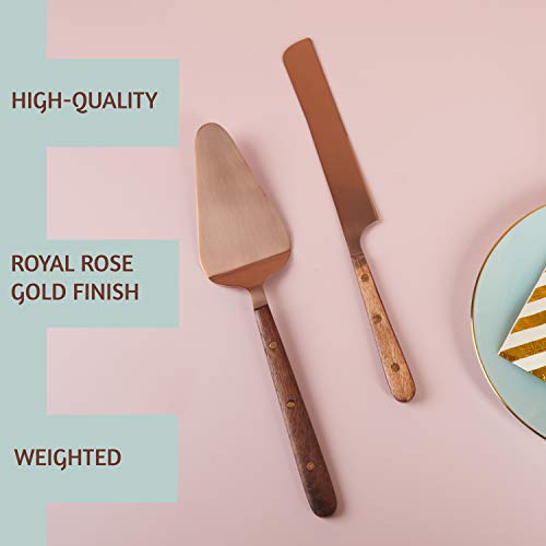 Folkulture Cake Knife and Server Set, Stainless Steel Cake Cutting Set for Wedding, Pie or Patry Serving Set for Home Decorations, Large 2-Piece Dessert Set for Boho Gifts, Rose Gold