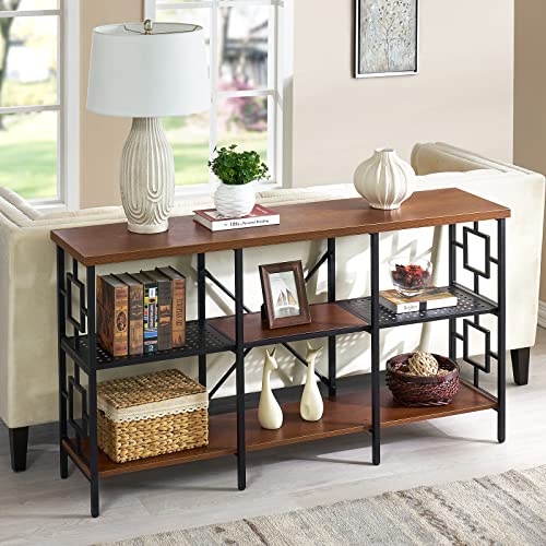 HOMISSUE 3-Tier Console Sofa Table, Industrial Vintage 55-inch Long Entryway Table with Open Storage Shelf for Living Room, Hallway, Retro Brown