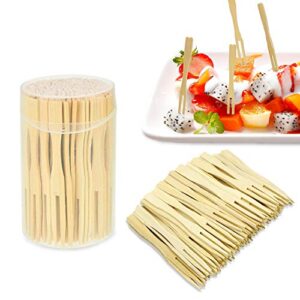 bamboo forks 3.5 inches disposable mini food picks double prong fruit cocktail forks blunt-end forks for appetizer, cocktail, fruit, pastry, dessert (110 pcs)