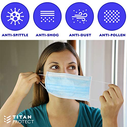 Class 1 Protective Face Masks - TITAN PROTECT Non Medical 3-Layer Disposable Face Mask, Daily Protection Filters >95% of Particles, Elastic Ear Loop, Adjustable and Comfortable, Blue (20 PC)