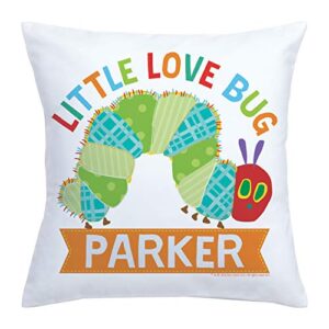 eric carle's very hungry caterpillar personalized throw pillow with love bug on white removable cover, custom name printed, official licensed product, 14x14