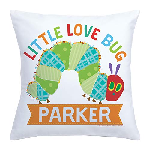 Eric Carle's Very Hungry Caterpillar Personalized Throw Pillow with Love Bug on White Removable Cover, Custom Name Printed, Official Licensed Product, 14x14