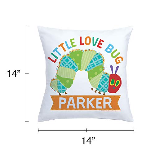 Eric Carle's Very Hungry Caterpillar Personalized Throw Pillow with Love Bug on White Removable Cover, Custom Name Printed, Official Licensed Product, 14x14