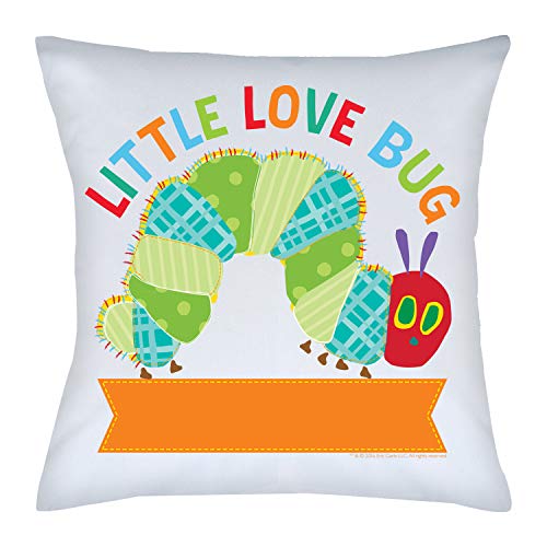 Eric Carle's Very Hungry Caterpillar Personalized Throw Pillow with Love Bug on White Removable Cover, Custom Name Printed, Official Licensed Product, 14x14