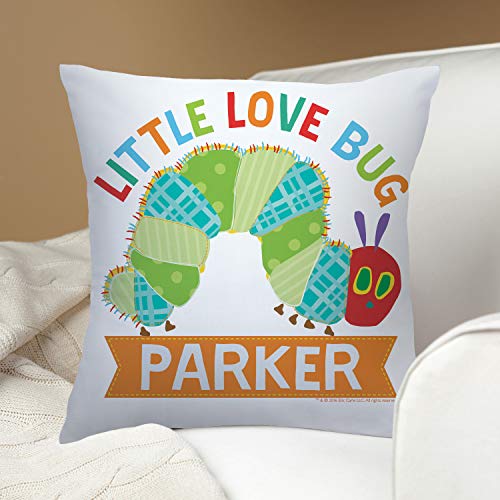 Eric Carle's Very Hungry Caterpillar Personalized Throw Pillow with Love Bug on White Removable Cover, Custom Name Printed, Official Licensed Product, 14x14