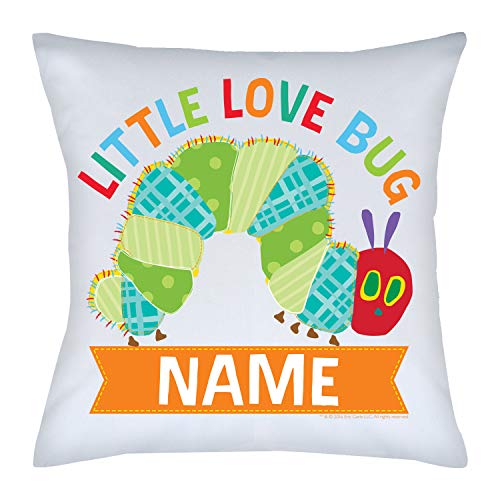 Eric Carle's Very Hungry Caterpillar Personalized Throw Pillow with Love Bug on White Removable Cover, Custom Name Printed, Official Licensed Product, 14x14