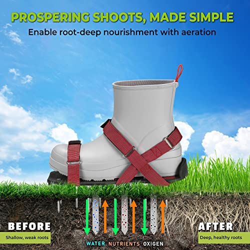 PLANTNOMICS Lawn Aerator Shoes with Hook-and-Loop Straps, Pre-Assembled, Fully Adjustable, One-Size-Fits-All – Lawn and Garden Tool Reduces Thatch, Revives Soil Health (Maroon)