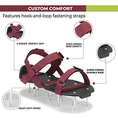 PLANTNOMICS Lawn Aerator Shoes with Hook-and-Loop Straps, Pre-Assembled, Fully Adjustable, One-Size-Fits-All – Lawn and Garden Tool Reduces Thatch, Revives Soil Health (Maroon)