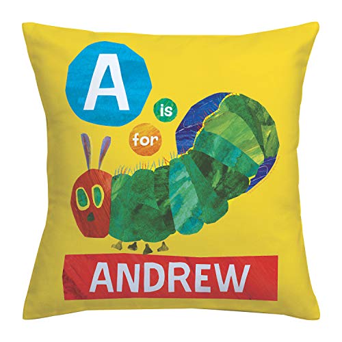 Eric Carle's Very Hungry Caterpillar Personalized Throw Pillow with Alphabet on Yellow Removable Cover, Custom Name and Initial Printed, Official Licensed Product, 14x14