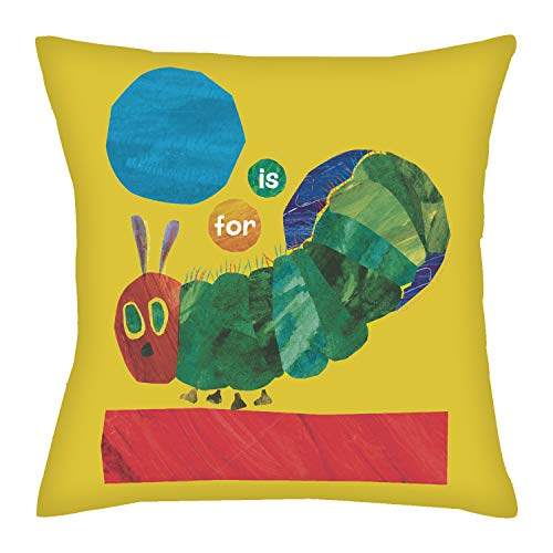 Eric Carle's Very Hungry Caterpillar Personalized Throw Pillow with Alphabet on Yellow Removable Cover, Custom Name and Initial Printed, Official Licensed Product, 14x14