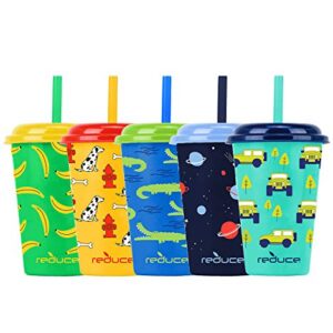 Reduce GoGo's 12 oz Cup Set, 5 Pack – Plastic Cups with Straws and Lids – Dishwasher Safe, BPA Free – 5 Fun Designs, Wild