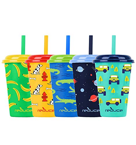 Reduce GoGo's 12 oz Cup Set, 5 Pack – Plastic Cups with Straws and Lids – Dishwasher Safe, BPA Free – 5 Fun Designs, Wild