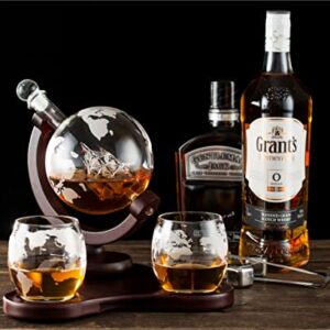 Verolux Whiskey Globe Decanter Set with 2 Etched Glasses in Gift Box - Birthday gifts for men and women - Home Bar Accessories for Bourbon, Scotch, Liquor, Whisky, Gin, Rum, Tequila, Vodka and Brandy