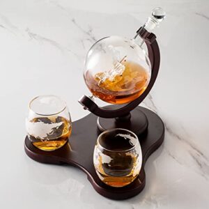verolux whiskey globe decanter set with 2 etched glasses in gift box - birthday gifts for men and women - home bar accessories for bourbon, scotch, liquor, whisky, gin, rum, tequila, vodka and brandy
