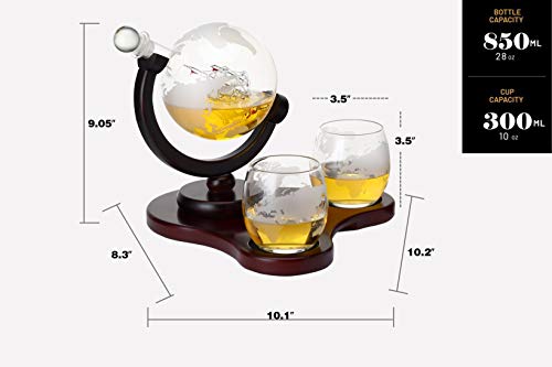 Verolux Whiskey Globe Decanter Set with 2 Etched Glasses in Gift Box - Birthday gifts for men and women - Home Bar Accessories for Bourbon, Scotch, Liquor, Whisky, Gin, Rum, Tequila, Vodka and Brandy