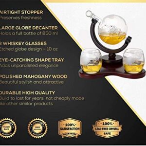 Verolux Whiskey Globe Decanter Set with 2 Etched Glasses in Gift Box - Birthday gifts for men and women - Home Bar Accessories for Bourbon, Scotch, Liquor, Whisky, Gin, Rum, Tequila, Vodka and Brandy