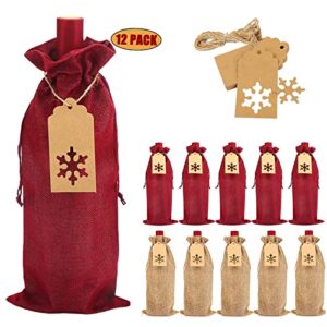 DERAYEE Burlap Wine Gift Bags, 12Pcs Christmas Jute Wine bottle Bags with with Drawstrings Reusable Wine Bags with Tags for Party