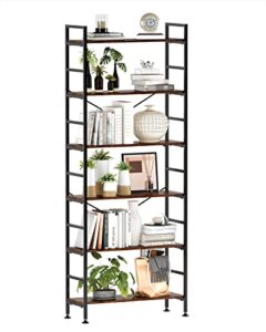 cosystar 6-tier adjustable tall bookcase, rustic wood and metal standing bookshelf, industrial vintage book shelf unit, open back modern office bookcases