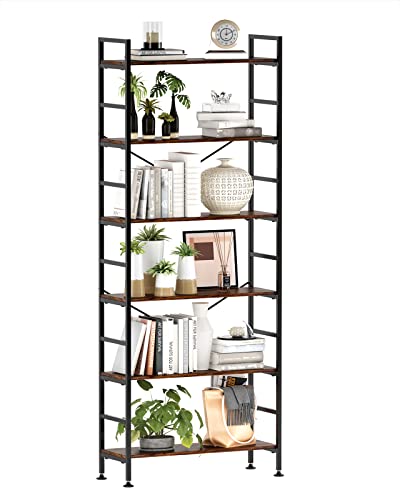 CosyStar 6-Tier Adjustable Tall Bookcase, Rustic Wood and Metal Standing Bookshelf, Industrial Vintage Book Shelf Unit, Open Back Modern Office Bookcases