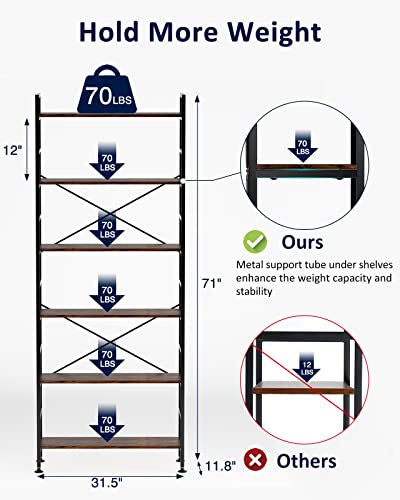 CosyStar 6-Tier Adjustable Tall Bookcase, Rustic Wood and Metal Standing Bookshelf, Industrial Vintage Book Shelf Unit, Open Back Modern Office Bookcases