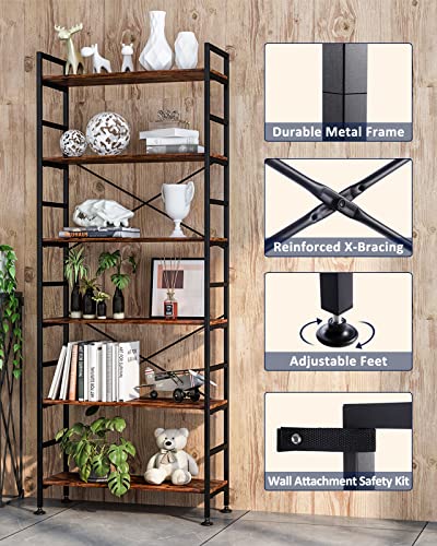 CosyStar 6-Tier Adjustable Tall Bookcase, Rustic Wood and Metal Standing Bookshelf, Industrial Vintage Book Shelf Unit, Open Back Modern Office Bookcases