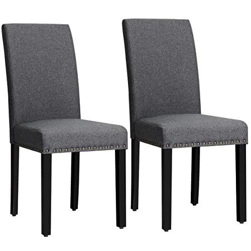 Giantex Upholstered Dining Chairs Set of 2, Fabric Side Chairs with Wood Legs, Soft Padded Seat, Nailhead Trim, Armless Parsons Dining Chair, Ideal for Dining Room, Kitchen, Living Room, Dark Grey